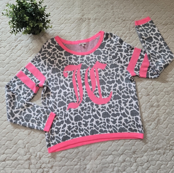 Juicy Couture Gray Metallic Leopard Print and Hot Pink JC Y2K Sweater, Size XL - Picture 1 of 6